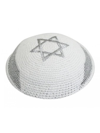 כיפה סרוגה כסף לבן עם כסף ישראל פל... | כיפה סרוגה